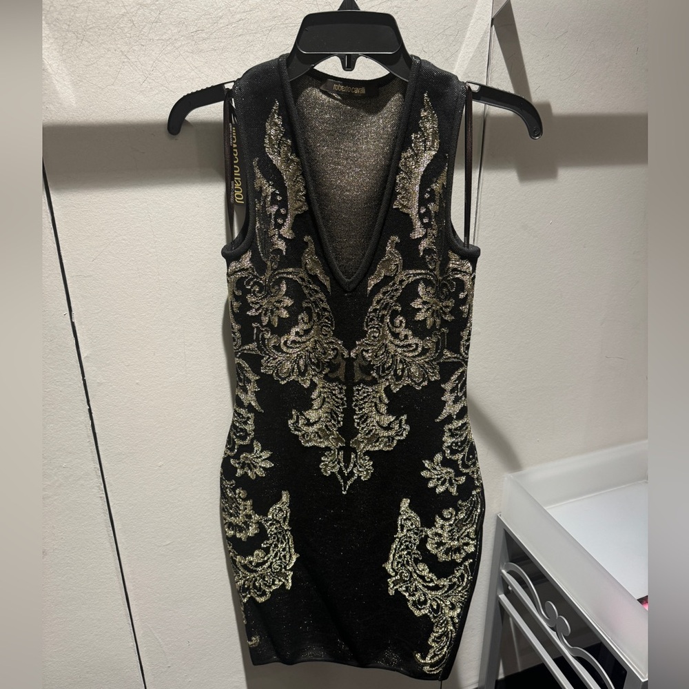 Roberto Cavalli Knit Bodycon Dress in Black/Gold